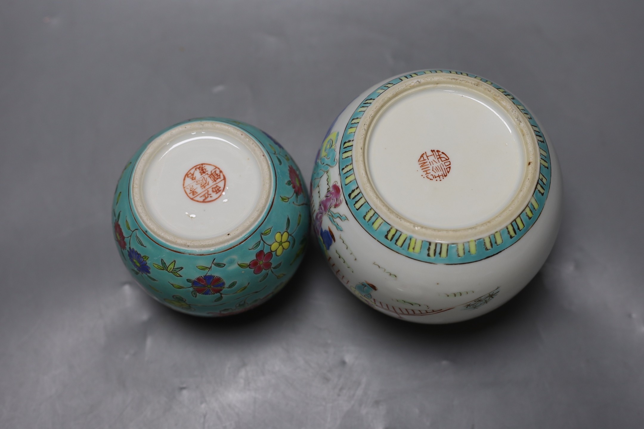 Two mid 20th century Chinese enamelled porcelain jars, tallest 14cm